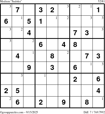 The grouppuzzles.com Medium Sudoku puzzle for Monday September 15, 2025 with the first 3 steps marked