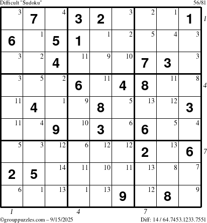 The grouppuzzles.com Difficult Sudoku puzzle for Monday September 15, 2025 with all 14 steps marked