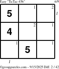 The grouppuzzles.com Easy TicTac-456 puzzle for Monday September 15, 2025 with all 2 steps marked