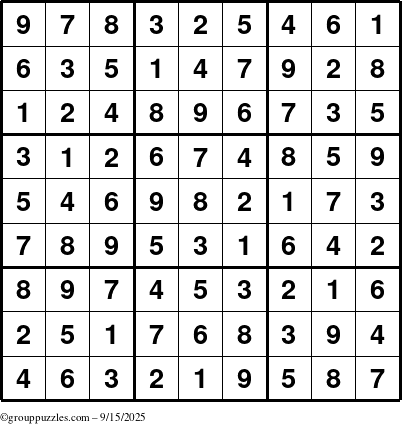 The grouppuzzles.com Answer grid for the Sudoku puzzle for Monday September 15, 2025