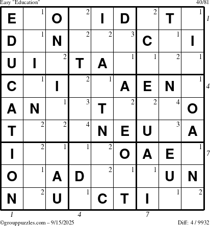 The grouppuzzles.com Easy Education-c1 puzzle for Monday September 15, 2025 with all 4 steps marked