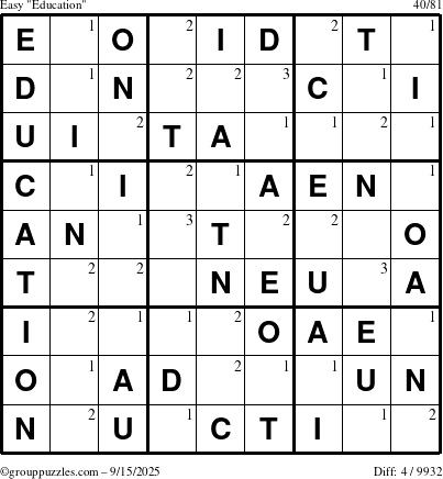 The grouppuzzles.com Easy Education-c1 puzzle for Monday September 15, 2025 with the first 3 steps marked