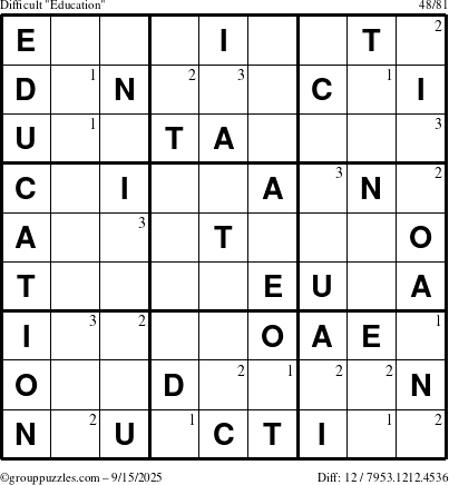 The grouppuzzles.com Difficult Education-c1 puzzle for Monday September 15, 2025 with the first 3 steps marked