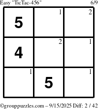 The grouppuzzles.com Easy TicTac-456 puzzle for Monday September 15, 2025 with the first 2 steps marked