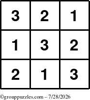 The grouppuzzles.com Answer grid for the TicTac-123 puzzle for Tuesday July 28, 2026