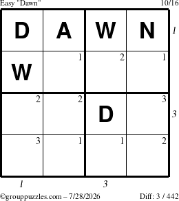 The grouppuzzles.com Easy Dawn puzzle for Tuesday July 28, 2026, suitable for printing, with all 3 steps marked