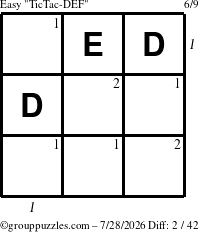 The grouppuzzles.com Easy TicTac-DEF puzzle for Tuesday July 28, 2026 with all 2 steps marked
