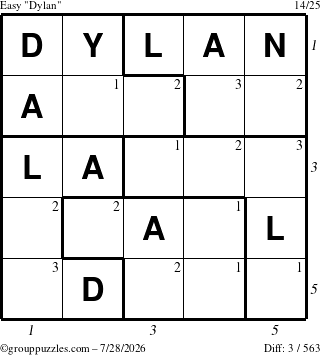 The grouppuzzles.com Easy Dylan puzzle for Tuesday July 28, 2026, suitable for printing, with all 3 steps marked