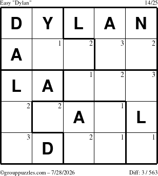 The grouppuzzles.com Easy Dylan puzzle for Tuesday July 28, 2026 with the first 3 steps marked