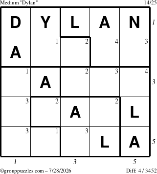 The grouppuzzles.com Medium Dylan puzzle for Tuesday July 28, 2026, suitable for printing, with all 4 steps marked