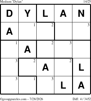 The grouppuzzles.com Medium Dylan puzzle for Tuesday July 28, 2026 with the first 3 steps marked