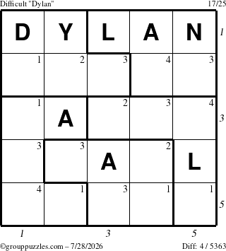 The grouppuzzles.com Difficult Dylan puzzle for Tuesday July 28, 2026 with all 4 steps marked