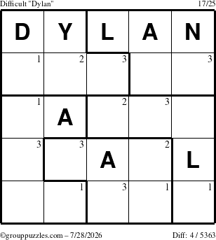 The grouppuzzles.com Difficult Dylan puzzle for Tuesday July 28, 2026 with the first 3 steps marked