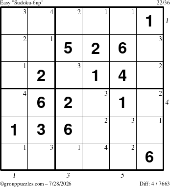 The grouppuzzles.com Easy Sudoku-6up puzzle for Tuesday July 28, 2026 with all 4 steps marked