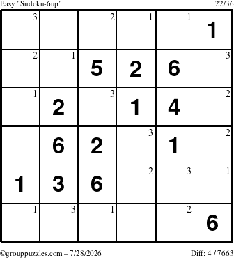 The grouppuzzles.com Easy Sudoku-6up puzzle for Tuesday July 28, 2026 with the first 3 steps marked