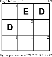 The grouppuzzles.com Easy TicTac-DEF puzzle for Tuesday July 28, 2026 with the first 2 steps marked