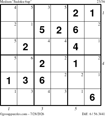 The grouppuzzles.com Medium Sudoku-6up puzzle for Tuesday July 28, 2026, suitable for printing, with all 6 steps marked