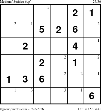 The grouppuzzles.com Medium Sudoku-6up puzzle for Tuesday July 28, 2026 with the first 3 steps marked