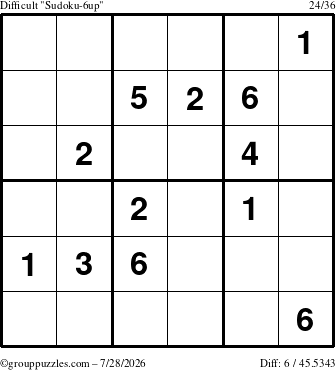 The grouppuzzles.com Difficult Sudoku-6up puzzle for Tuesday July 28, 2026