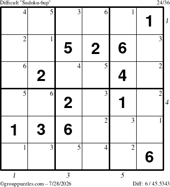 The grouppuzzles.com Difficult Sudoku-6up puzzle for Tuesday July 28, 2026 with all 6 steps marked