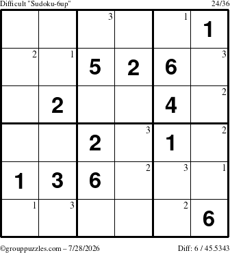 The grouppuzzles.com Difficult Sudoku-6up puzzle for Tuesday July 28, 2026 with the first 3 steps marked