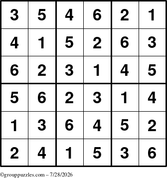 The grouppuzzles.com Answer grid for the Sudoku-6up puzzle for Tuesday July 28, 2026