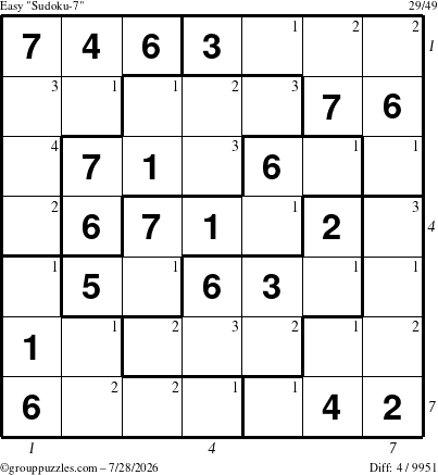 The grouppuzzles.com Easy Sudoku-7 puzzle for Tuesday July 28, 2026, suitable for printing, with all 4 steps marked