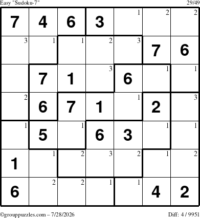 The grouppuzzles.com Easy Sudoku-7 puzzle for Tuesday July 28, 2026 with the first 3 steps marked