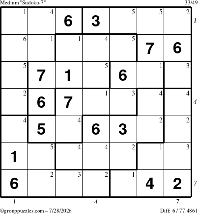 The grouppuzzles.com Medium Sudoku-7 puzzle for Tuesday July 28, 2026 with all 6 steps marked