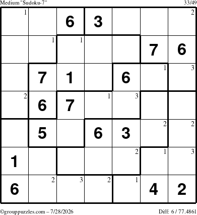 The grouppuzzles.com Medium Sudoku-7 puzzle for Tuesday July 28, 2026 with the first 3 steps marked