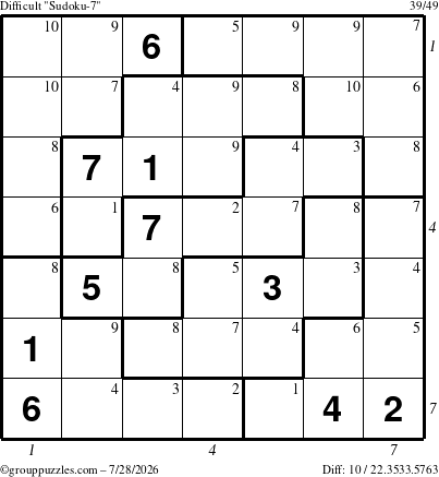 The grouppuzzles.com Difficult Sudoku-7 puzzle for Tuesday July 28, 2026, suitable for printing, with all 10 steps marked