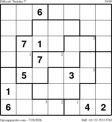 The grouppuzzles.com Difficult Sudoku-7 puzzle for Tuesday July 28, 2026 with the first 3 steps marked
