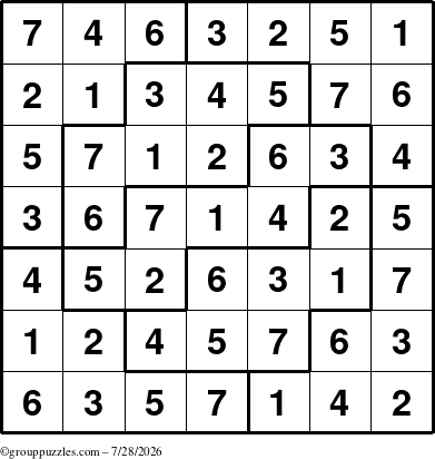 The grouppuzzles.com Answer grid for the Sudoku-7 puzzle for Tuesday July 28, 2026