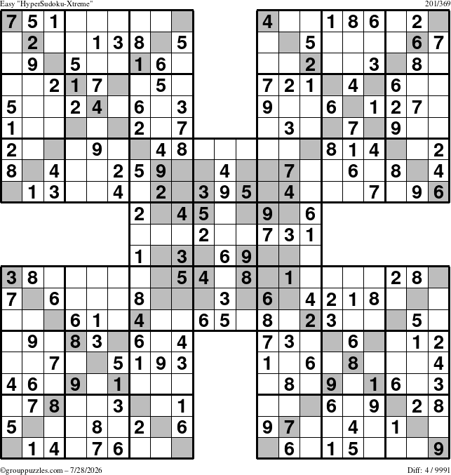 The grouppuzzles.com Easy HyperSudoku-Xtreme puzzle for Tuesday July 28, 2026