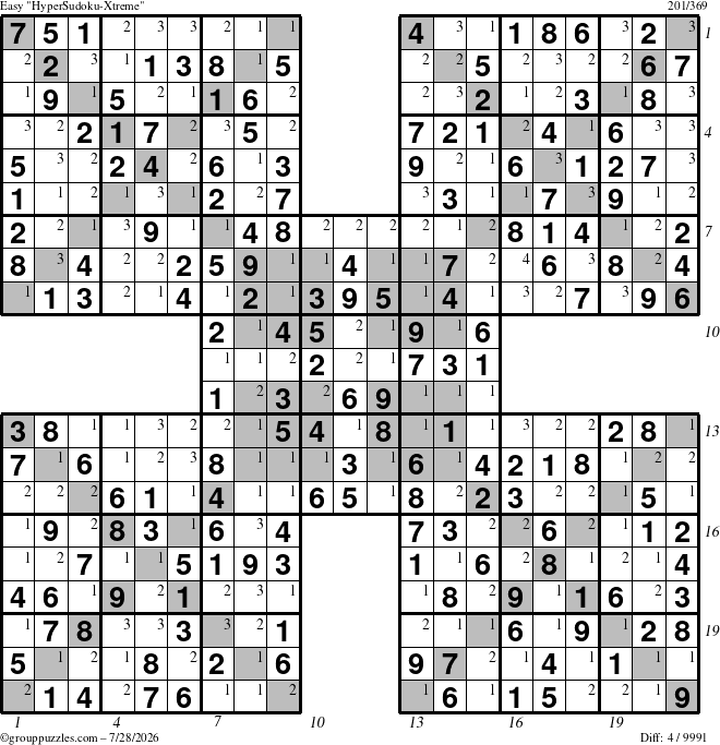The grouppuzzles.com Easy HyperSudoku-Xtreme puzzle for Tuesday July 28, 2026 with all 4 steps marked