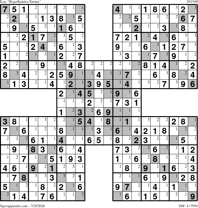 The grouppuzzles.com Easy HyperSudoku-Xtreme puzzle for Tuesday July 28, 2026 with the first 3 steps marked