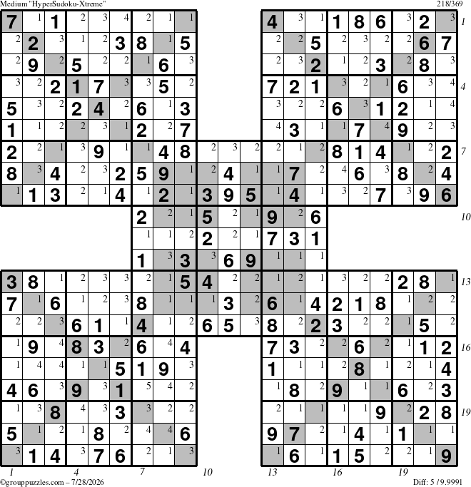 The grouppuzzles.com Medium HyperSudoku-Xtreme puzzle for Tuesday July 28, 2026, suitable for printing, with all 5 steps marked