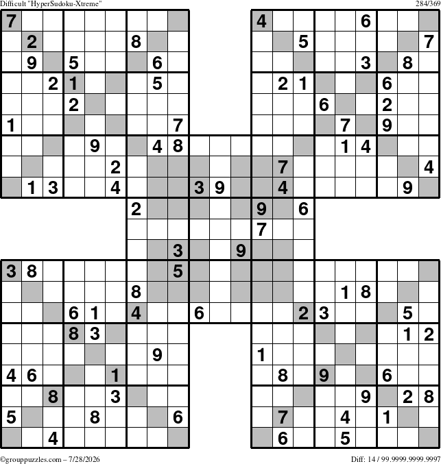 The grouppuzzles.com Difficult HyperSudoku-Xtreme puzzle for Tuesday July 28, 2026