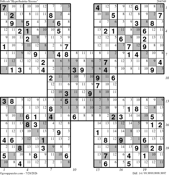The grouppuzzles.com Difficult HyperSudoku-Xtreme puzzle for Tuesday July 28, 2026 with all 14 steps marked