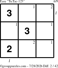 The grouppuzzles.com Easy TicTac-123 puzzle for Tuesday July 28, 2026 with all 2 steps marked