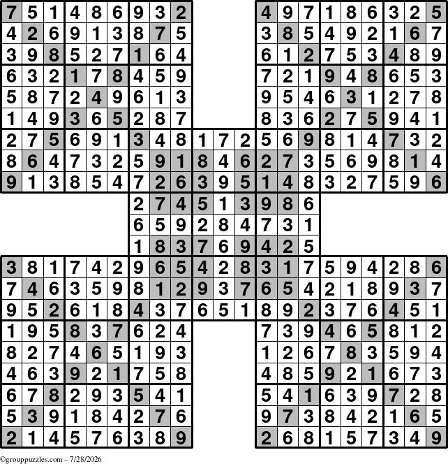 The grouppuzzles.com Answer grid for the HyperSudoku-Xtreme puzzle for Tuesday July 28, 2026