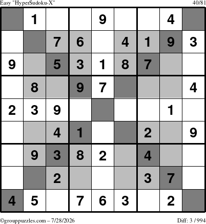 The grouppuzzles.com Easy HyperSudoku-X puzzle for Tuesday July 28, 2026