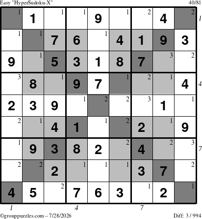 The grouppuzzles.com Easy HyperSudoku-X puzzle for Tuesday July 28, 2026, suitable for printing, with all 3 steps marked