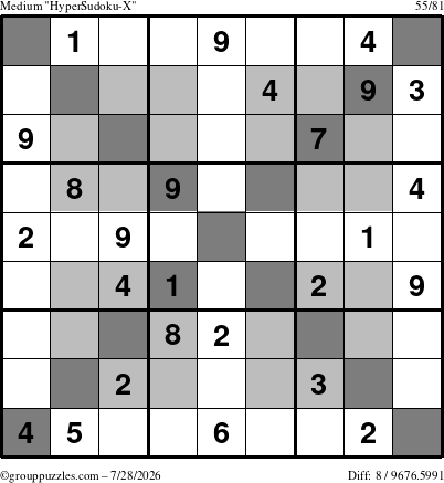 The grouppuzzles.com Medium HyperSudoku-X puzzle for Tuesday July 28, 2026