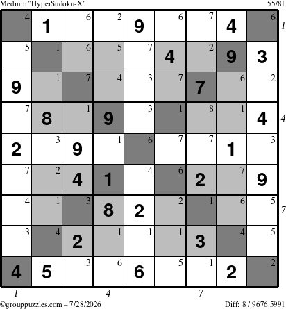 The grouppuzzles.com Medium HyperSudoku-X puzzle for Tuesday July 28, 2026, suitable for printing, with all 8 steps marked