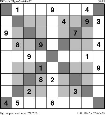 The grouppuzzles.com Difficult HyperSudoku-X puzzle for Tuesday July 28, 2026