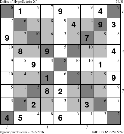The grouppuzzles.com Difficult HyperSudoku-X puzzle for Tuesday July 28, 2026 with all 10 steps marked