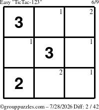 The grouppuzzles.com Easy TicTac-123 puzzle for Tuesday July 28, 2026 with the first 2 steps marked