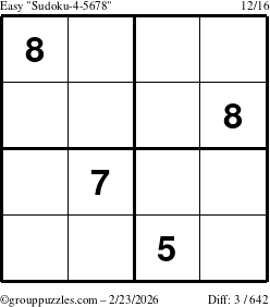 The grouppuzzles.com Easy Sudoku-4-5678 puzzle for Monday February 23, 2026