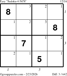 The grouppuzzles.com Easy Sudoku-4-5678 puzzle for Monday February 23, 2026 with all 3 steps marked